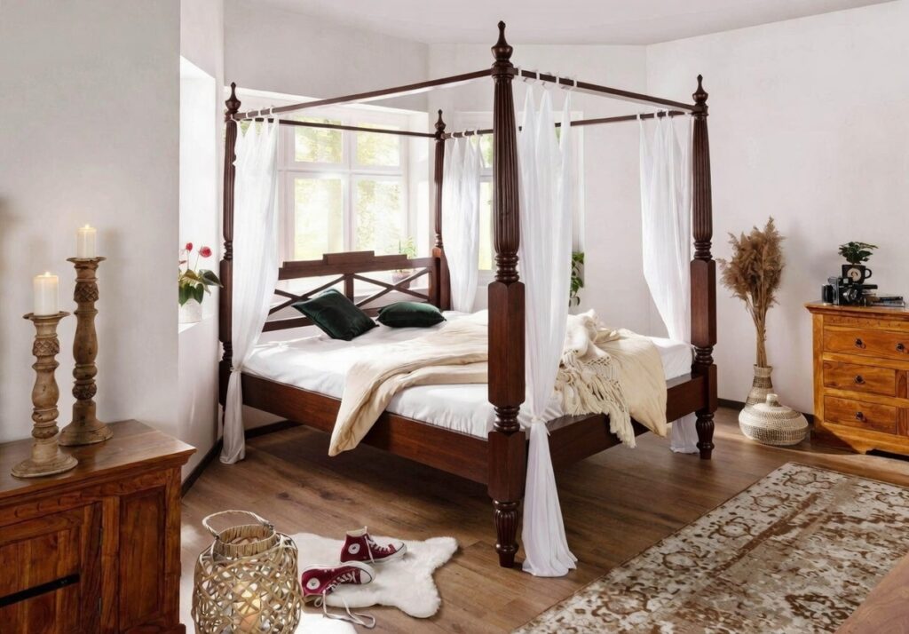 Dakshyani Sheesham Wood Four-Poster Canopy Bed with X-Cross Headboard